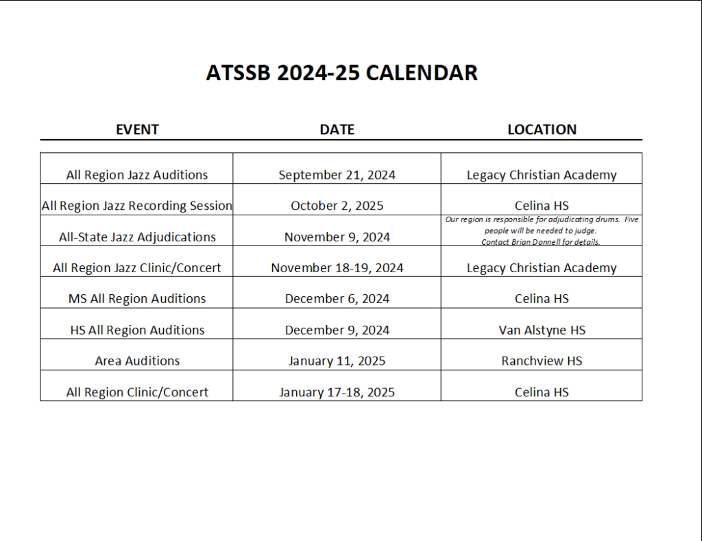 Calendar – Association of Texas Small School Bands
